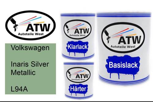 Volkswagen, Inaris Silver Metallic, L94A: 1L Lackdose + 1L Klarlack + 500ml Härter - Set, von ATW Autoteile West.